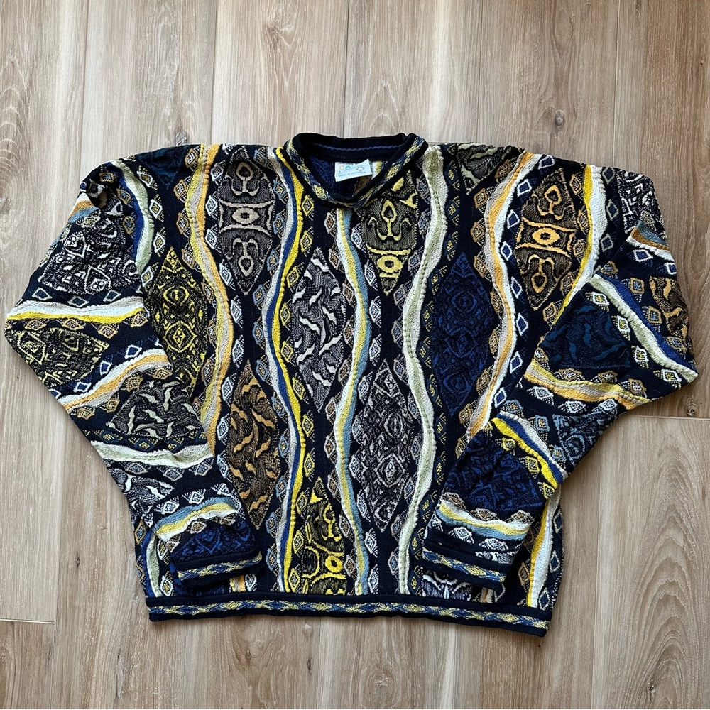Vintage 90s COOGI Australia 3D Knit Chunky Blue, Yellow, White Sweater